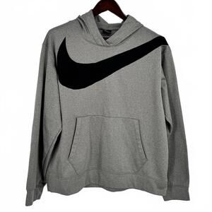Nike Dri-FIT Hoodie Mens Large Gray Pullover Big Swoosh Fleece Sweatshirt